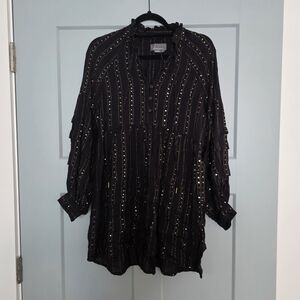 Anthropologie XS Black Sequin Boho Tunic Top Holiday Glam Metallic Stripe Blouse